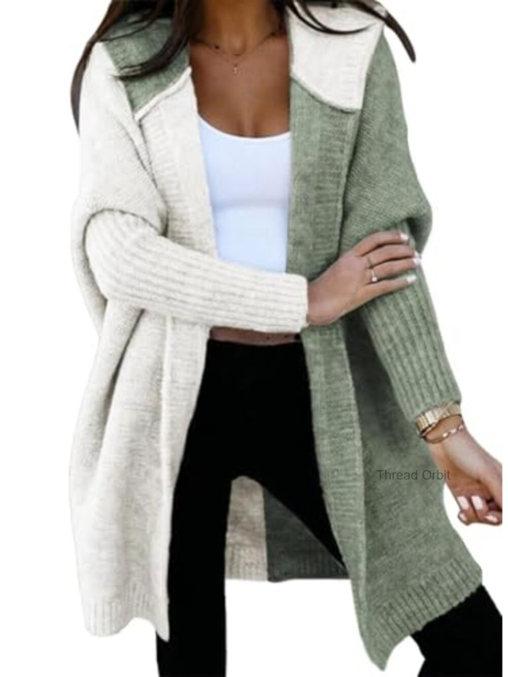 Hooded Knit Cardigan Sweater Casual Long Sleeve Open Front Color Block